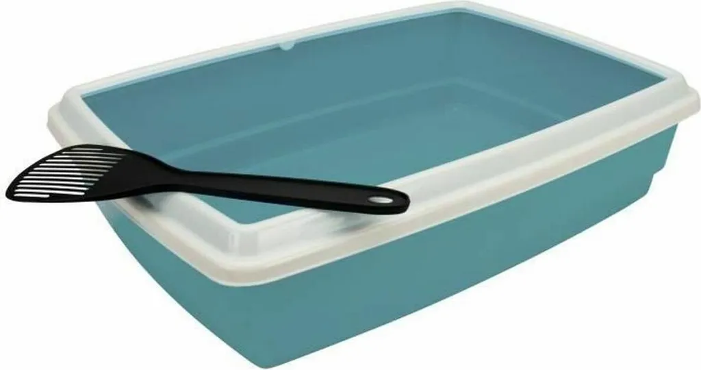Bac à litière Aimé robuste en plastique bleu avec rebord anti-projection