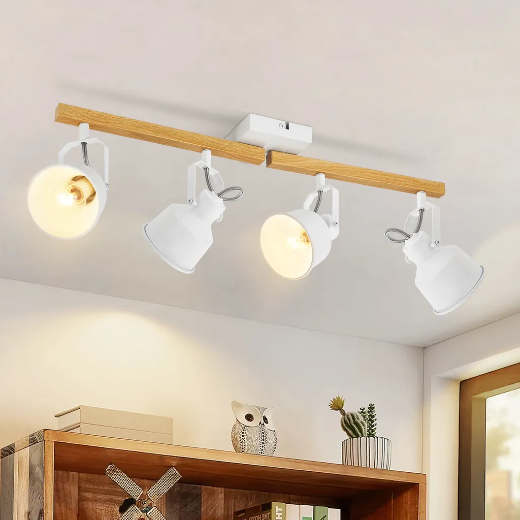 ZMH Faretto Soffitto 4 Luci Bianco Legno E14 - Plafoniera Vintage 350°