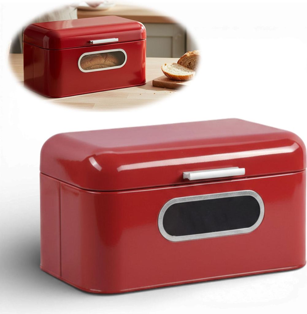 LS-LebenStil Vintage Brotkasten Rot 30cm Metall Retro Brotbox mit Deckel Griff Aufbewahrungskorb Aufbewahrungsbox Brotkorb zum Frischhalten