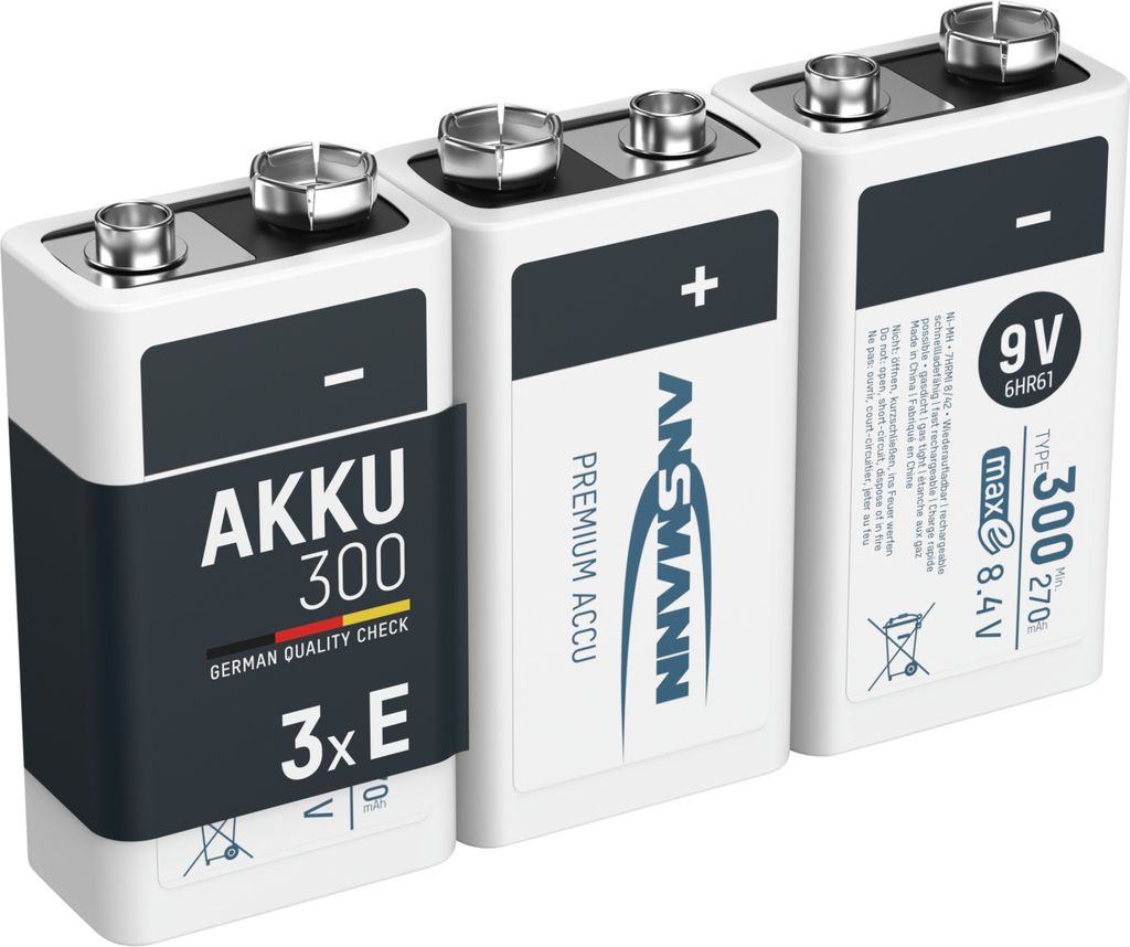 ANSMANN Akku 9V 300mAh E-Block NiMH 1,2V – 1000x wiederaufladbar (3 Stück)