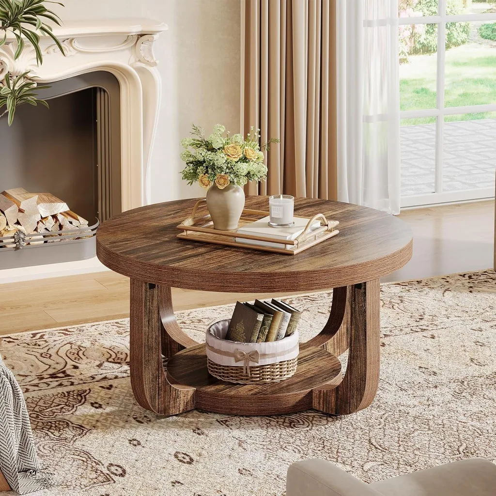 Table Basse Ronde Plateau Épais et Double Rangement Marron Rustique 80cm - 10