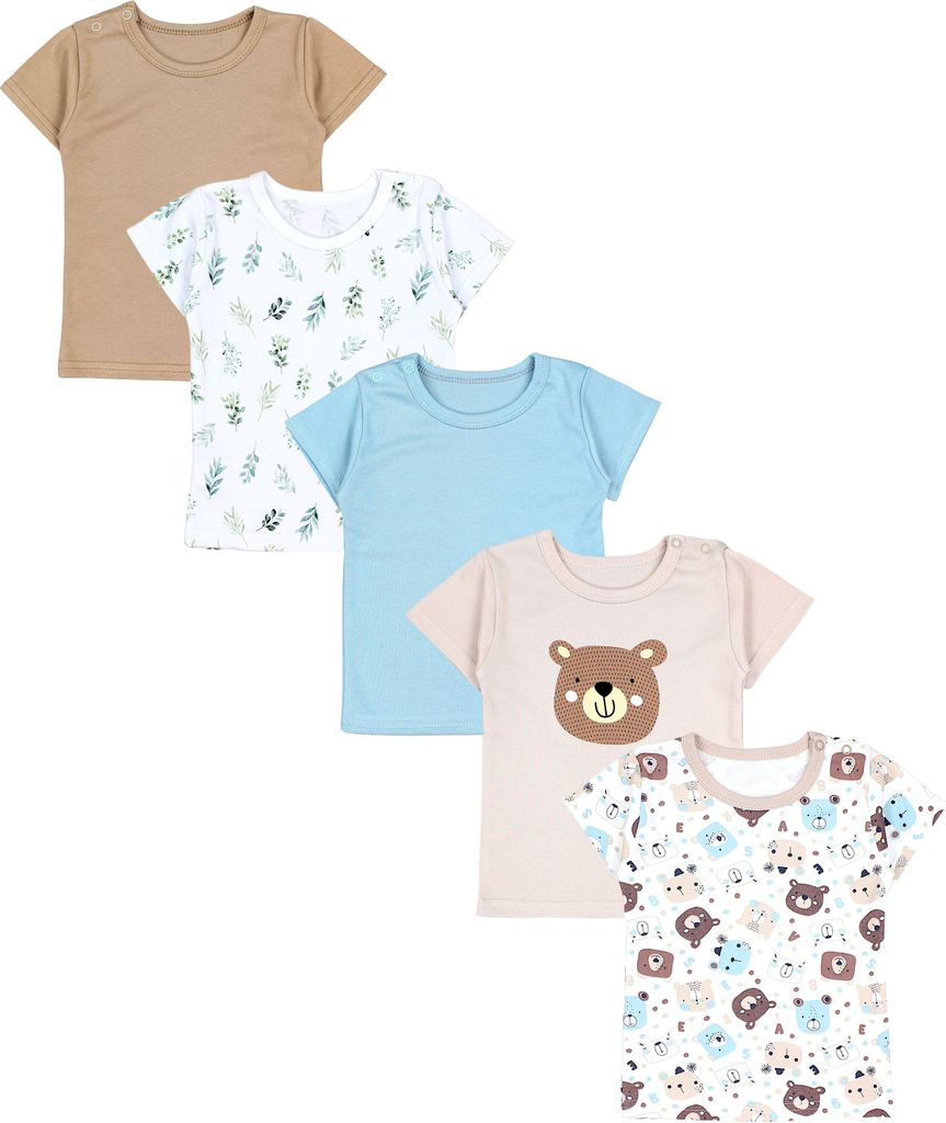 TupTam Baby Jungen Kurzarm T-Shirt mit Aufdruck Unifarben Sterne Streifen 5er Set, Farbe: Bärchen Blätter Beige Eisberg, Größe: 80
