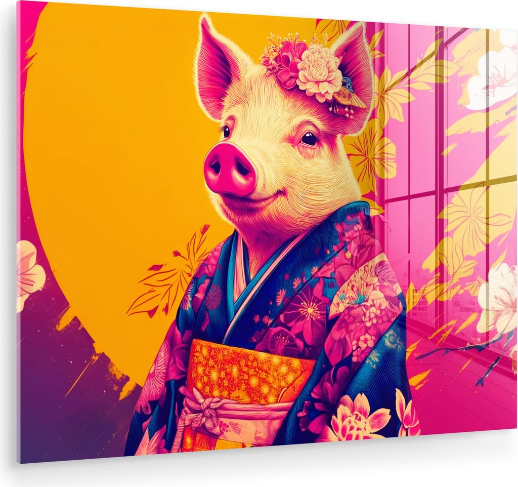 MuchoWow Glasbilder - Bilder auf Wandbild - Foto auf Glas Schwein - Blumenkrone - Kimono - Abstrakt 80x60 cm Wanddekoration aus Glas - Acrylglasbil...