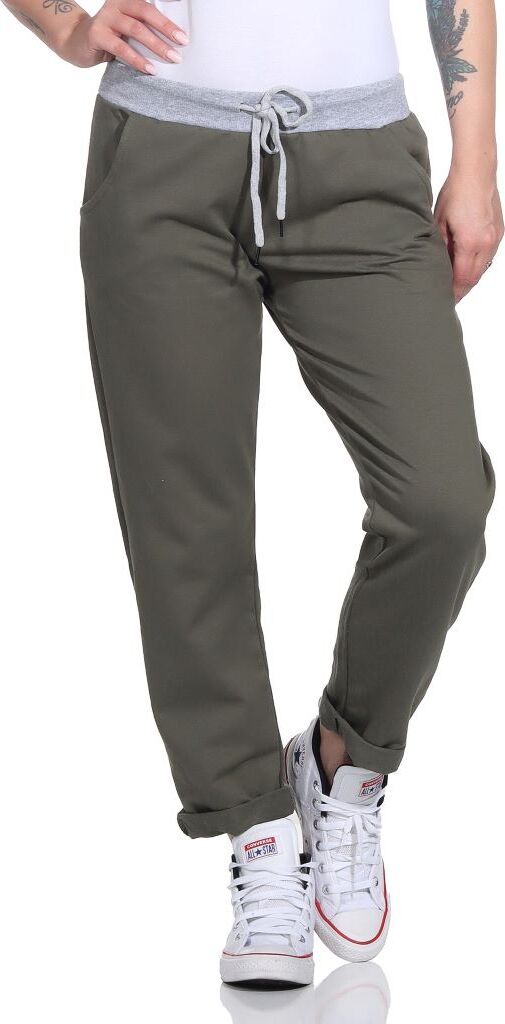 287 Mississhop Damen Hose Cargohose Blumen Sweatpants Jogginghose Baumwolle Freizeithose Boyfriend Uni Oliv Model 31
