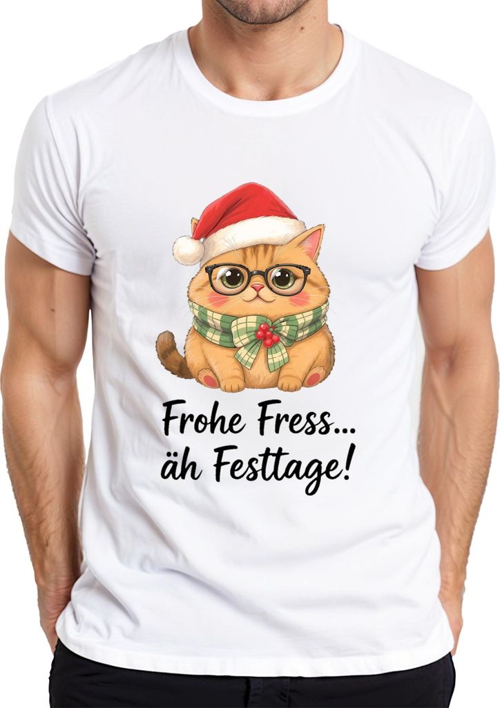 Frohe Fress äh Festtage Weihnachtskatze lustig Geschenk Niedlich Herren T-Shirt, Weiß, L