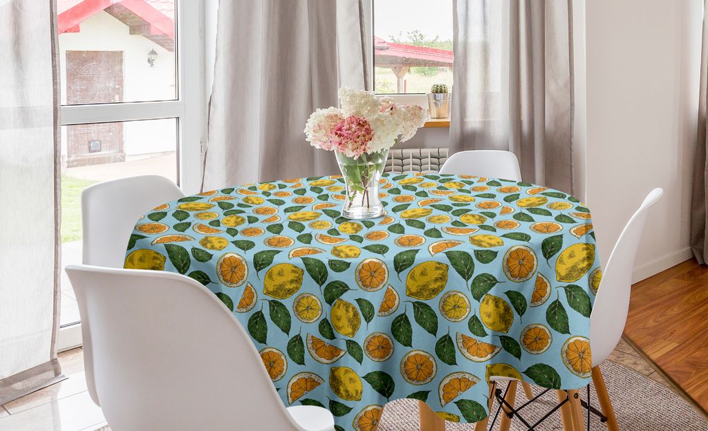 ABAKUHAUS Zitrone Runde Tischdecke, Saure Frucht und Blatt-Muster, Kreis Tischdecke Abdeckung für Esszimmer Küche Dekoration, 150 cm, Blassblau M...