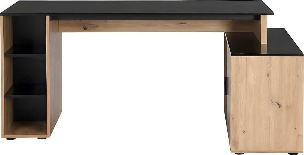 Eckschreibtisch mit Stauraum - MDF - Schwarz & Naturfarben Produktbild 