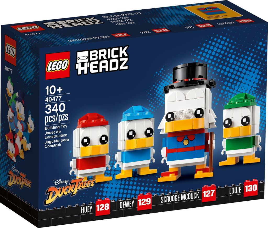 The image shows the packaging of a LEGO BrickHeadz set featuring characters from DuckTales.