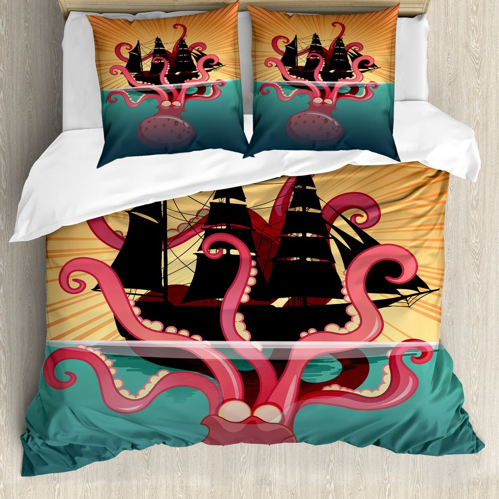 ABAKUHAUS Krake Bettbezug, Coral Sea Monster Folk, Milbensicher Allergiker geeignet mit Kissenbezügen, 155 cm x 220 cm - 80 x 80 cm, Mehrfarbig