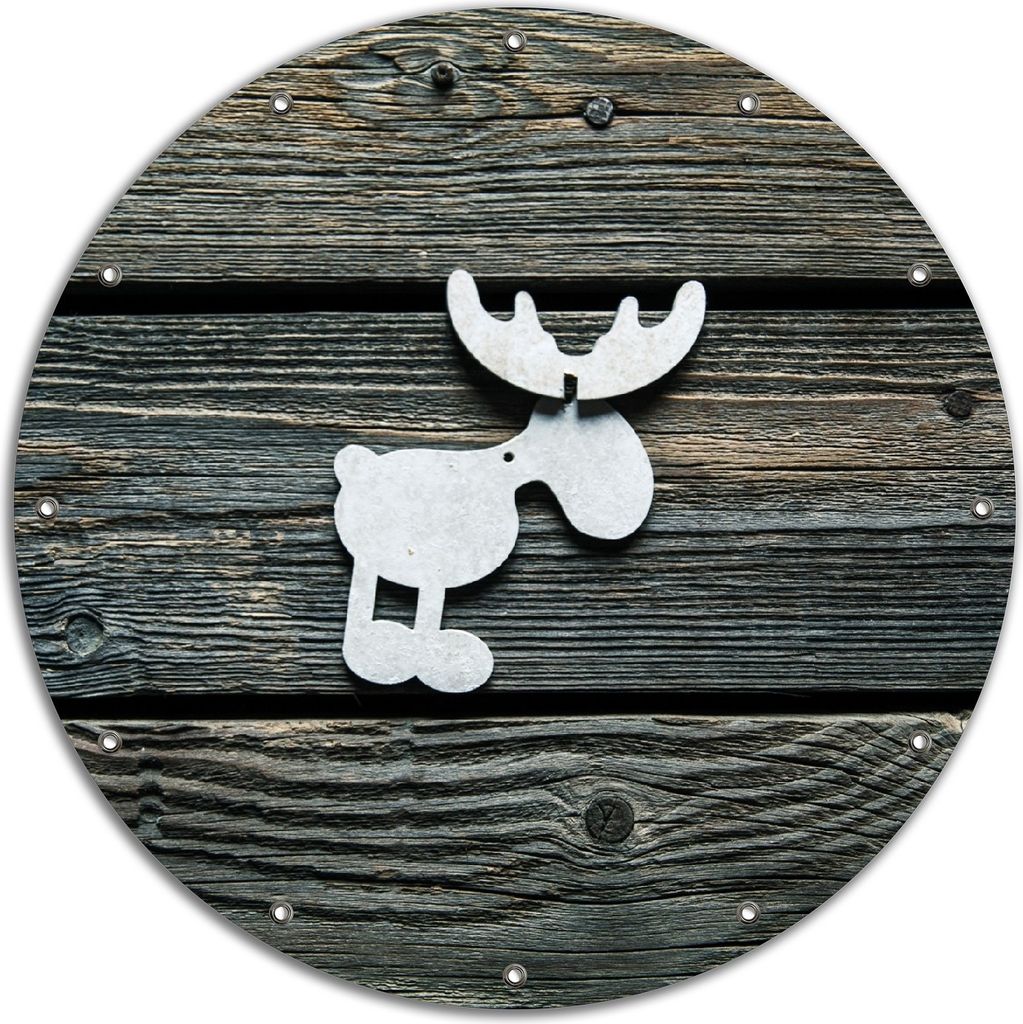 Wallario rundes Outdoor-Poster für Garten oder Balkon, Motiv Elch Symbol in weiß, vor dunklem Holz, 90 cm Durchmesser