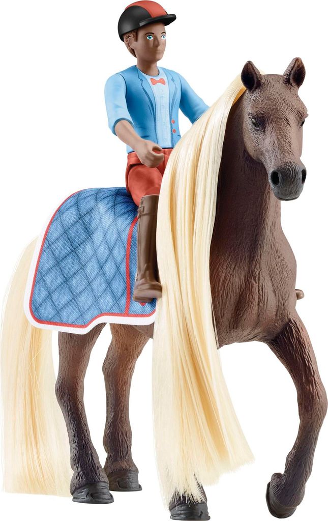 Schleich 42586 Reiter Leo bewegliche Spielfigur Brauer Rocky Pferd Spielset Reiterhelm Bürste Perlen Clips Bürste 22 Teile
