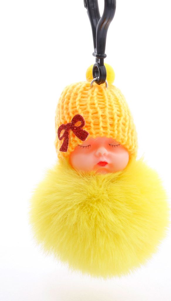 Süßes schlafendes Baby, flauschiges Fell, Plüschpuppe, Anhänger, Schlüsselanhänger, Schlüsselanhänger, Handtasche, Dekoration-Gelb
