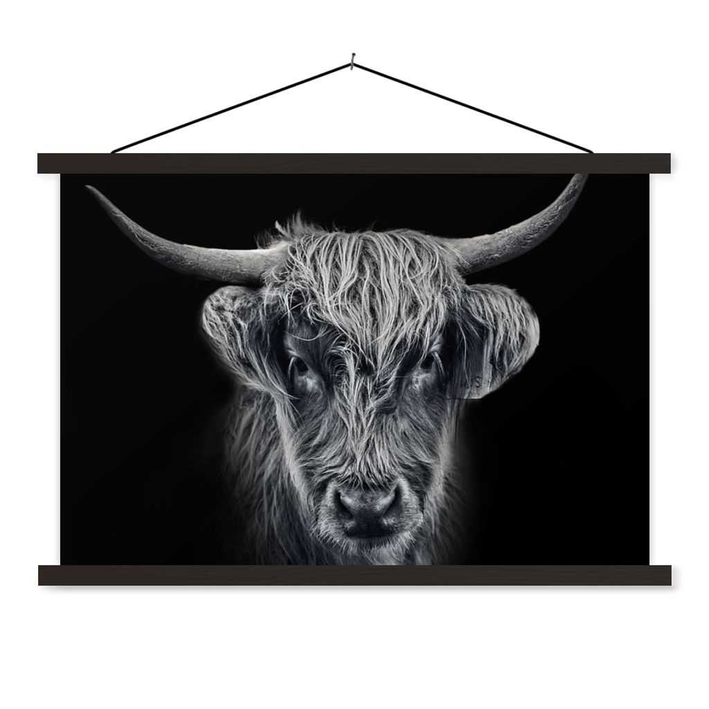 MuchoWow Textilposter Schottischer Highlander - Schwarz - Kuh - Tiere 120x80 cm mit schwarzem Rahmen - Wanddeko