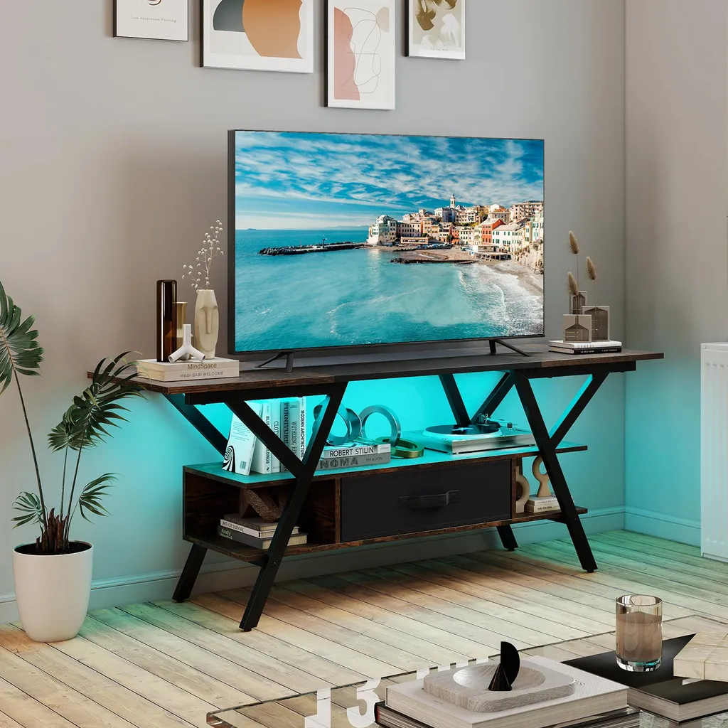 Eknkozy Mobile TV Con Luci LED E Prese USB - Comò Per TV Fino A 65 Pollici, 2 Cassetti, 3 Ripiani - Acciaio E MDF