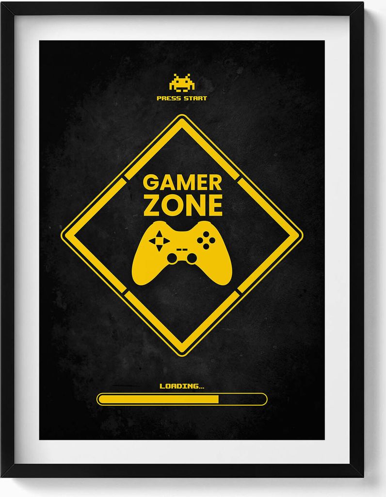 Beschriftung für Gamer-Zimmer „Gamer-Zone“– Wandbild mit Rahmen – Gerahmtes Bild – Wanddekoration – 60x80 cm – Schwarz Rahmen