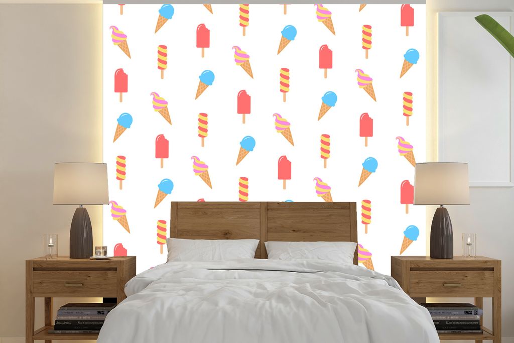 MuchoWow Fototapete für Wohnzimmer oder Schlafzimmer Wandtapete Vinyl Motivtapete Eiscreme - Muster - Sommer - 350x350 cm - Schlafzimmertapete