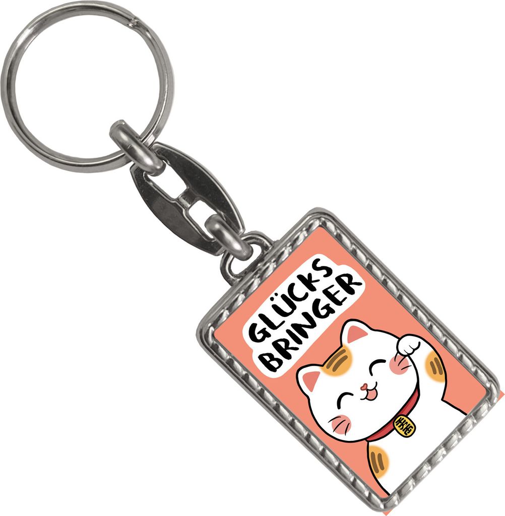 Winkekatze Schlüsselanhänger mit Bordüre mit Spruch Glücksbringer