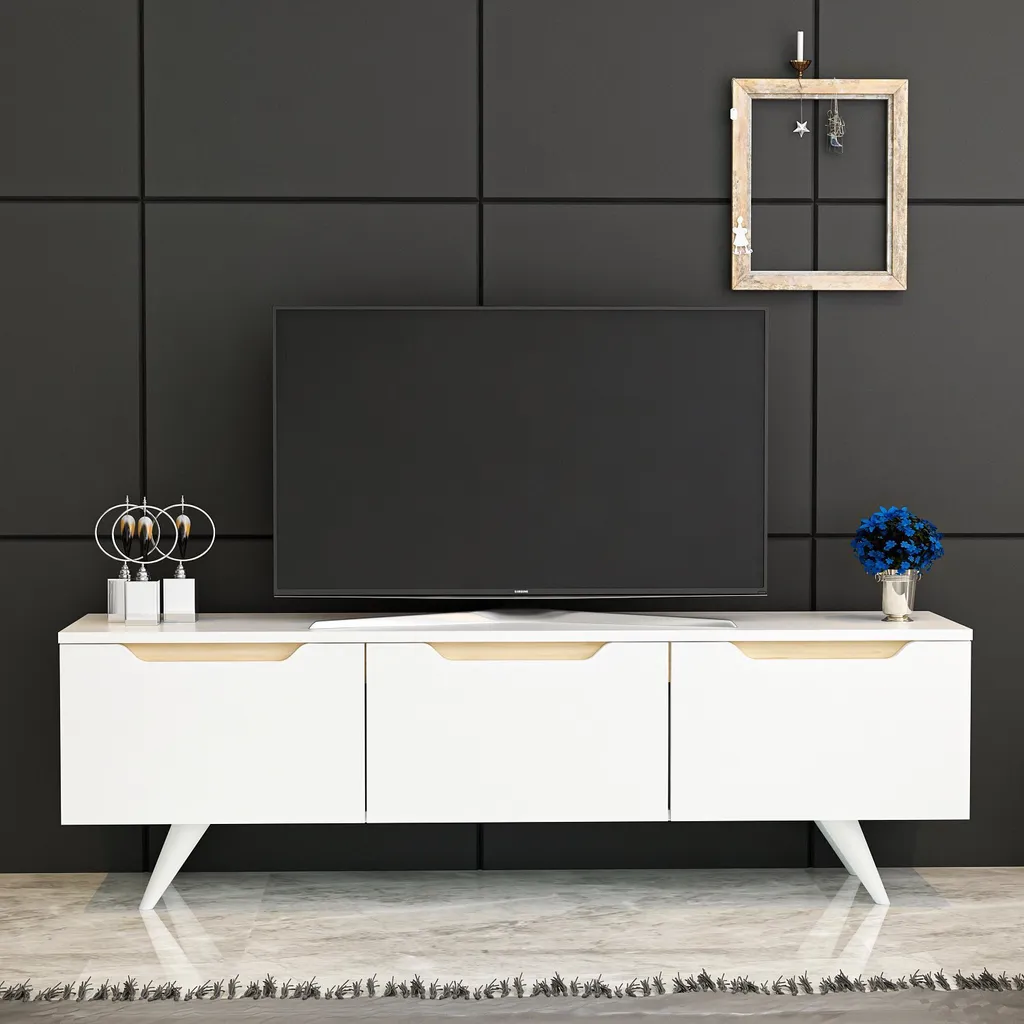 Grand Banc TV Blanc de 150 cm, Buffet Multimédia Prague Skye Decor