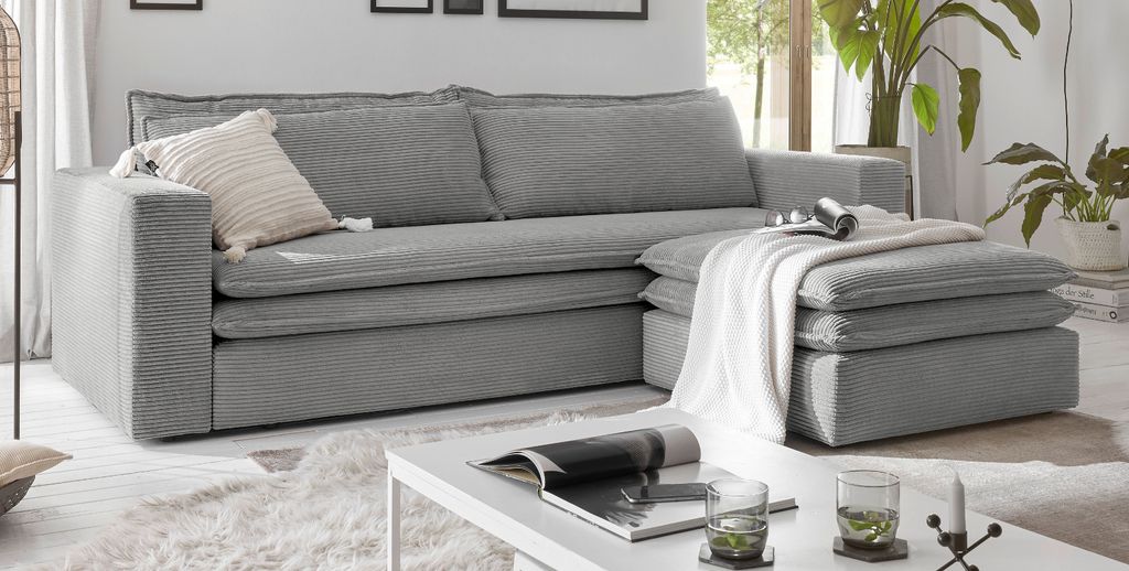 Sofa Set "Pesaro" in hellgrau Cord Couch 3-Sitzer mit Bettfunktion und Hocker