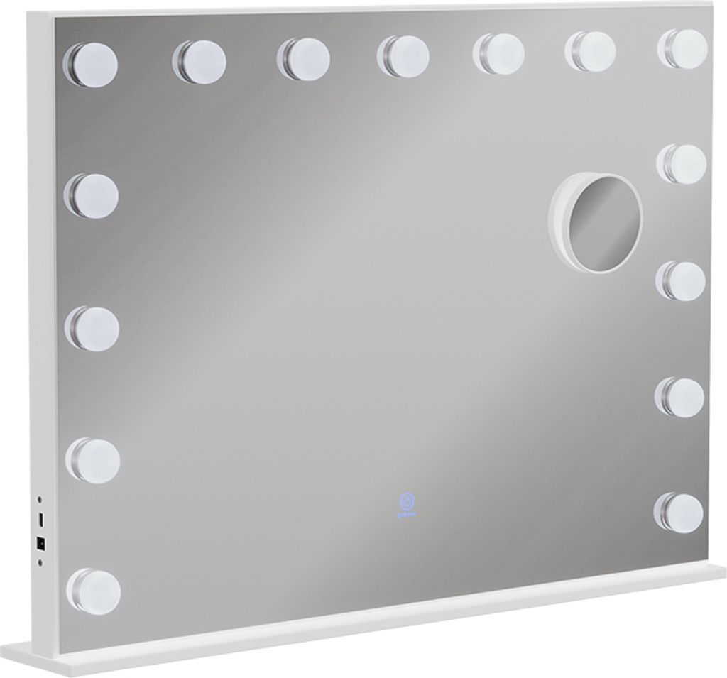 A white makeup mirror with LED lights.