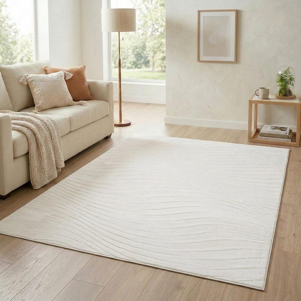 Teppich Kurzflor Wohnzimmer - 200x290 cm in Creme - Modernes Wellen-Muster in 3D-Optik
