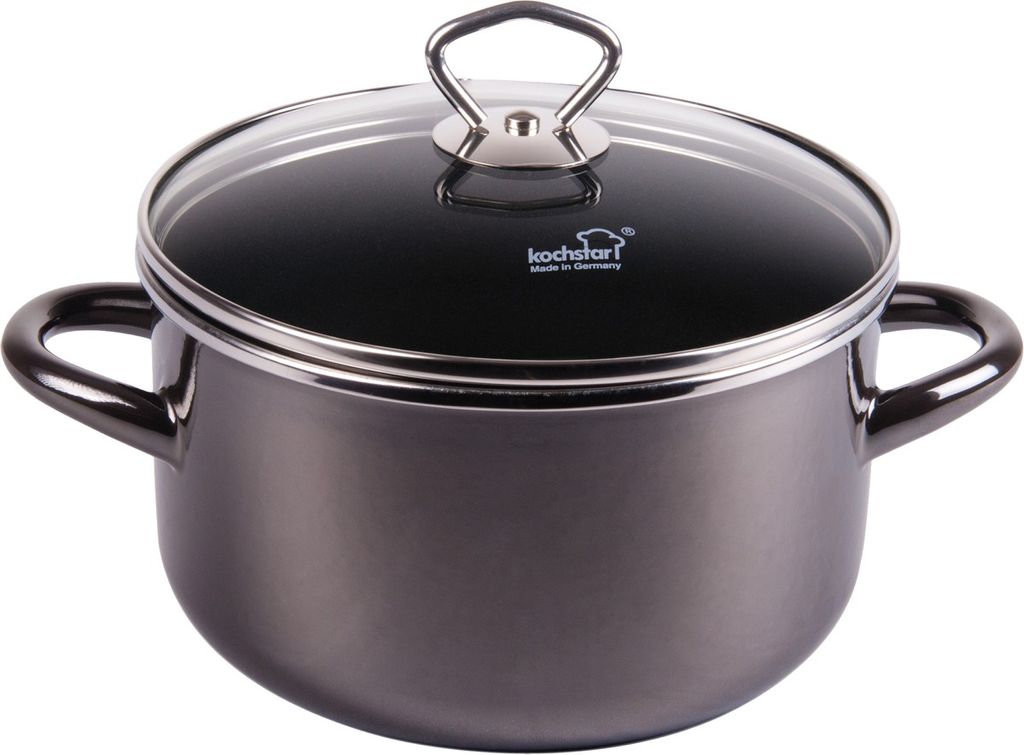 A Kochstar 'Primus' stockpot with a glass lid, shown from a front-side angle against a white background.