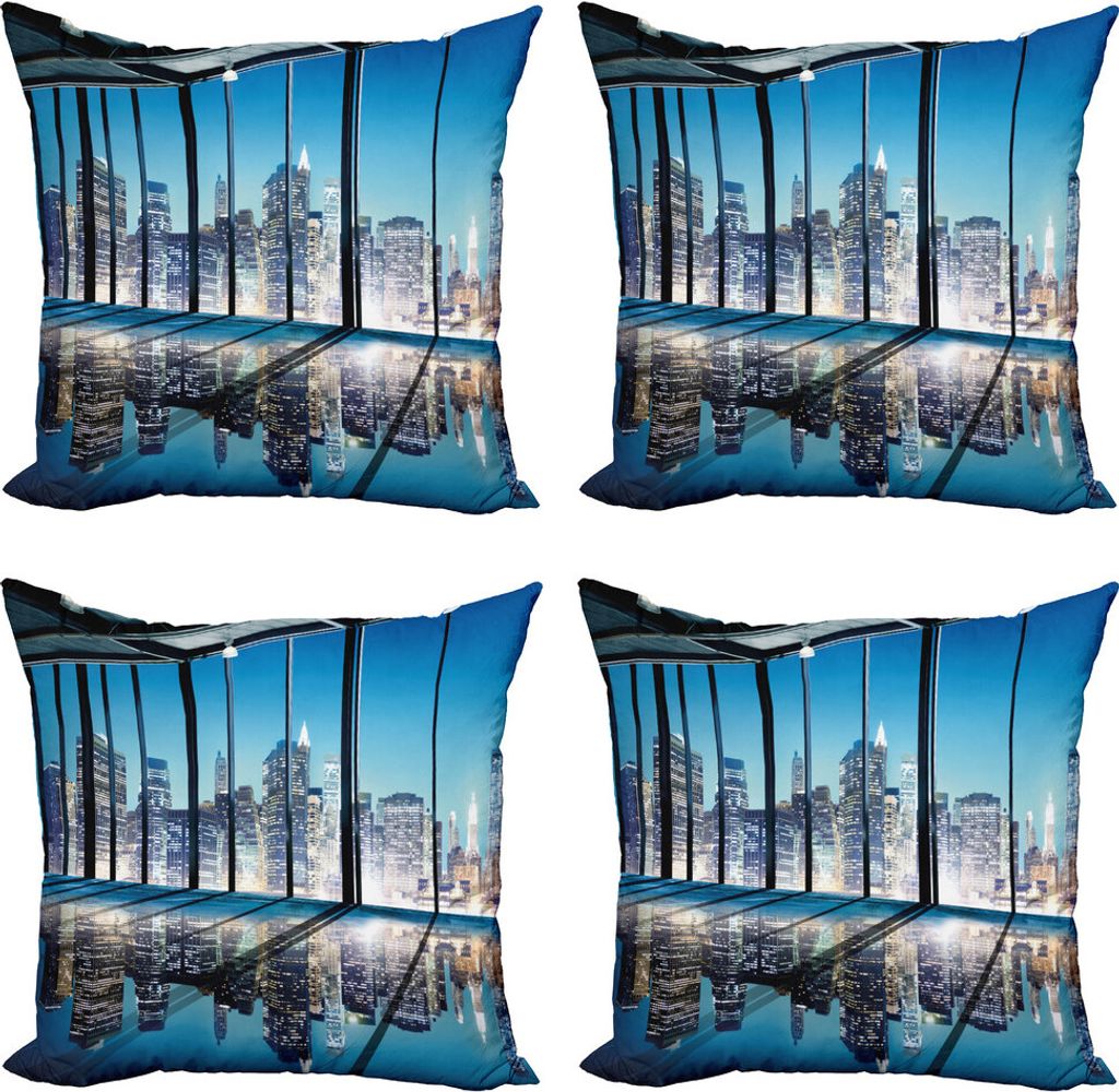 ABAKUHAUS Modern Kissenbezug Set (4 Stück), Gebäude mit Glas, Moderner Doppelseitiger Digitaldruck, 40 cm x 40 cm, Blau Schwarz-Weiß