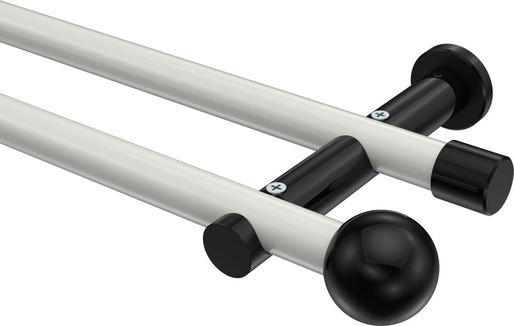 Interdeco Gardinenstange / Vorhangstange Weiß / Schwarz, Typ Platon Luino (Kugel) ohne Ringe, 20 mm Ø 2-läufig, 120 cm