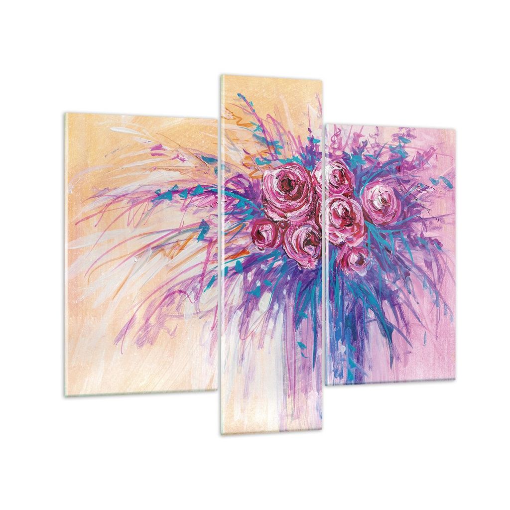 Bilder auf glas - 3 Teile - Blumenstrauß Blumen Rosen - 95x80cm - Glasbilder - Wandbilder - Bilder - zum Aufhängen bereit - Wanddekoration aus Gl...