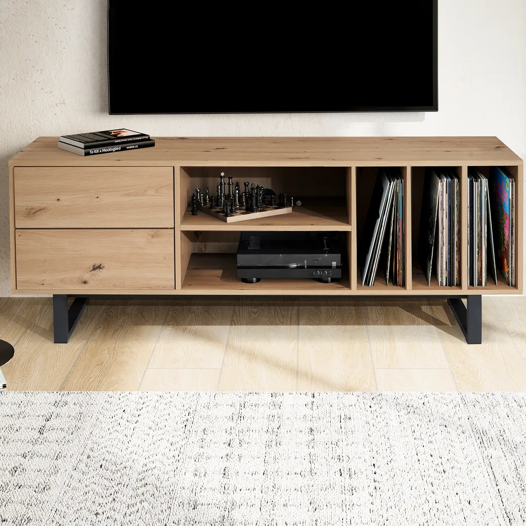 Banc TV salon chêne 150 cm table de télévision moderne avec rangements bois