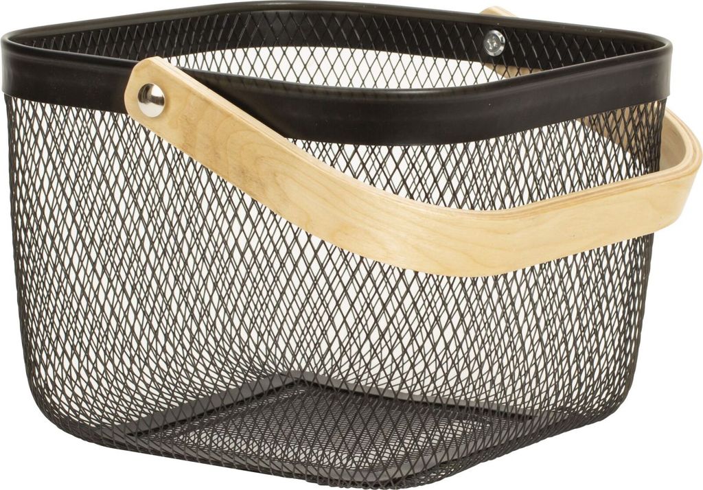 Aufbewahrungskorb mit Henkel für Kleidung Deko oder Accessoires schwarz aus Stahl und Holz 24x24x17,5 cm