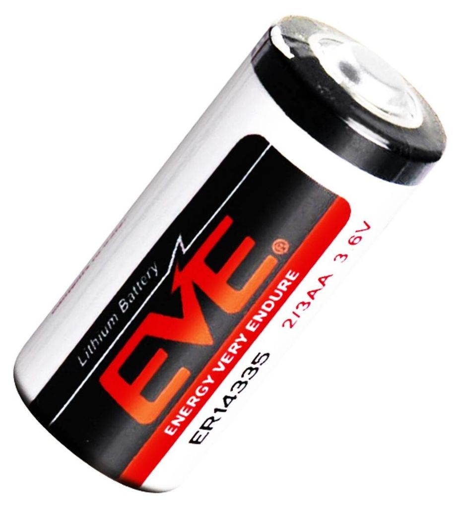 A close-up studio shot of a single EVE ER14335 3.6V lithium battery.