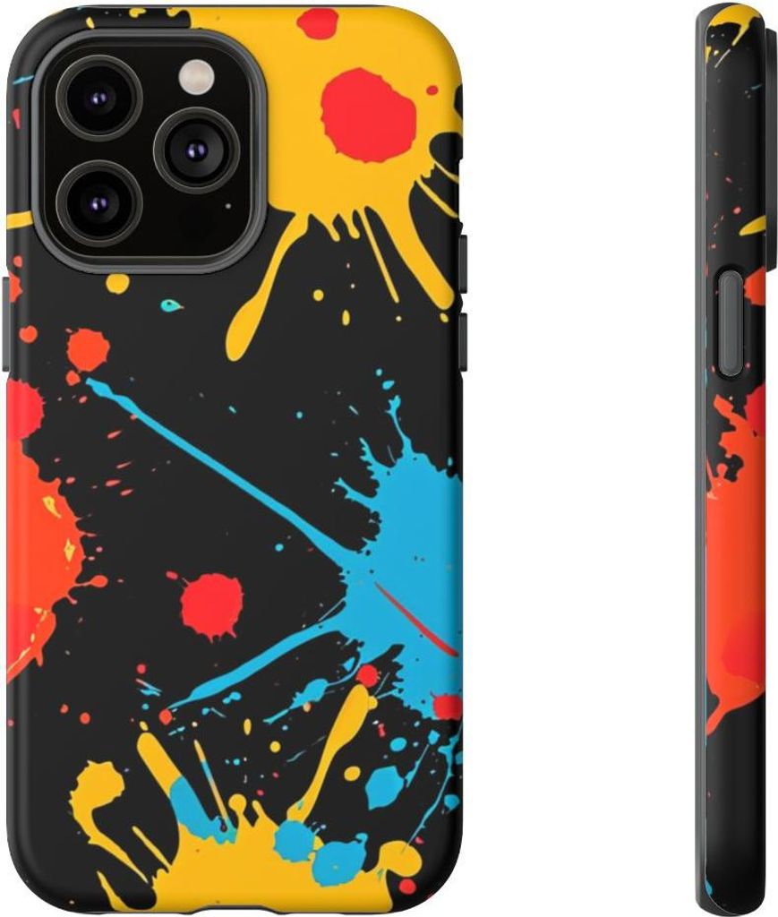 Bunte Farbspritzer auf Schwarz – Hülle Kompatibel mit iPhone 14 Pro Max