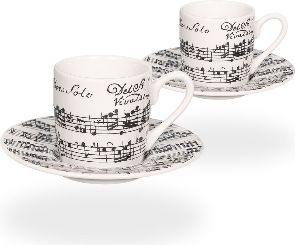 tea4chill Könitz Espresso Tassen Set Vivaldi Libretto. 2 Kaffeetassen 65ml aus Porzellan. Espressotassen, schwarz-weiß