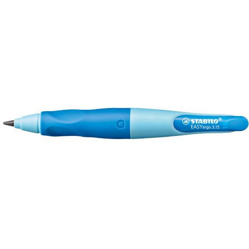 A blue and light blue ergonomic pencil on a white background.