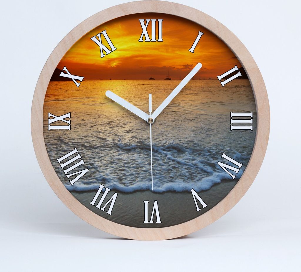 Holzuhr 25fi cm wanduhr - weiße Spitzen - Meer Sonnenuntergang