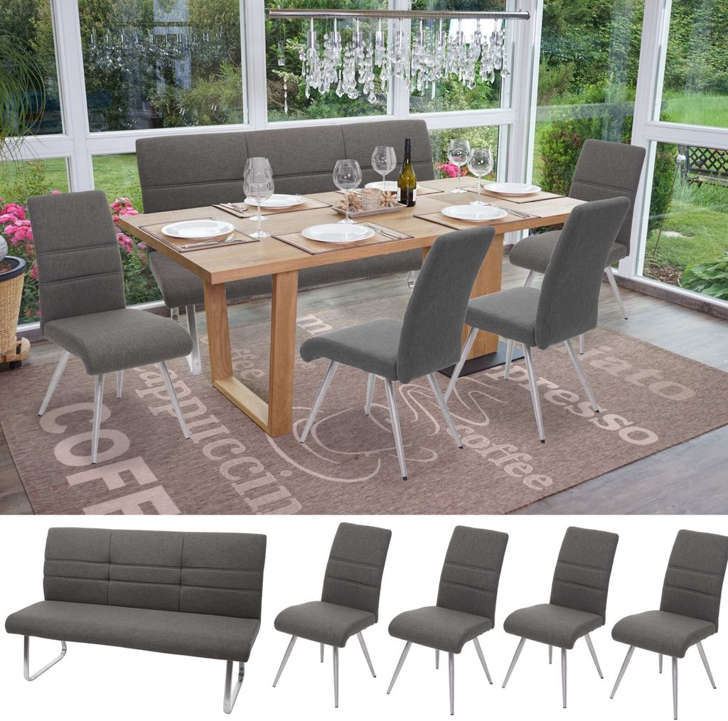 Set 4x Esszimmerstuhl+Sitzbank MCW-G55, Bank Küchenstuhl Stuhl, Stoff/Textil Edelstahl grau-braun Bank 160cm