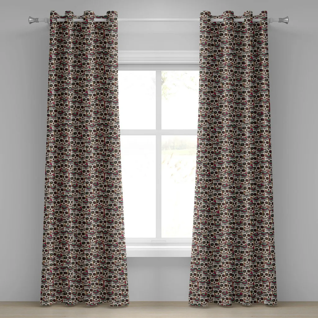 Rideaux décoratifs à 2 panneaux motif crâne et fleurs de bohème