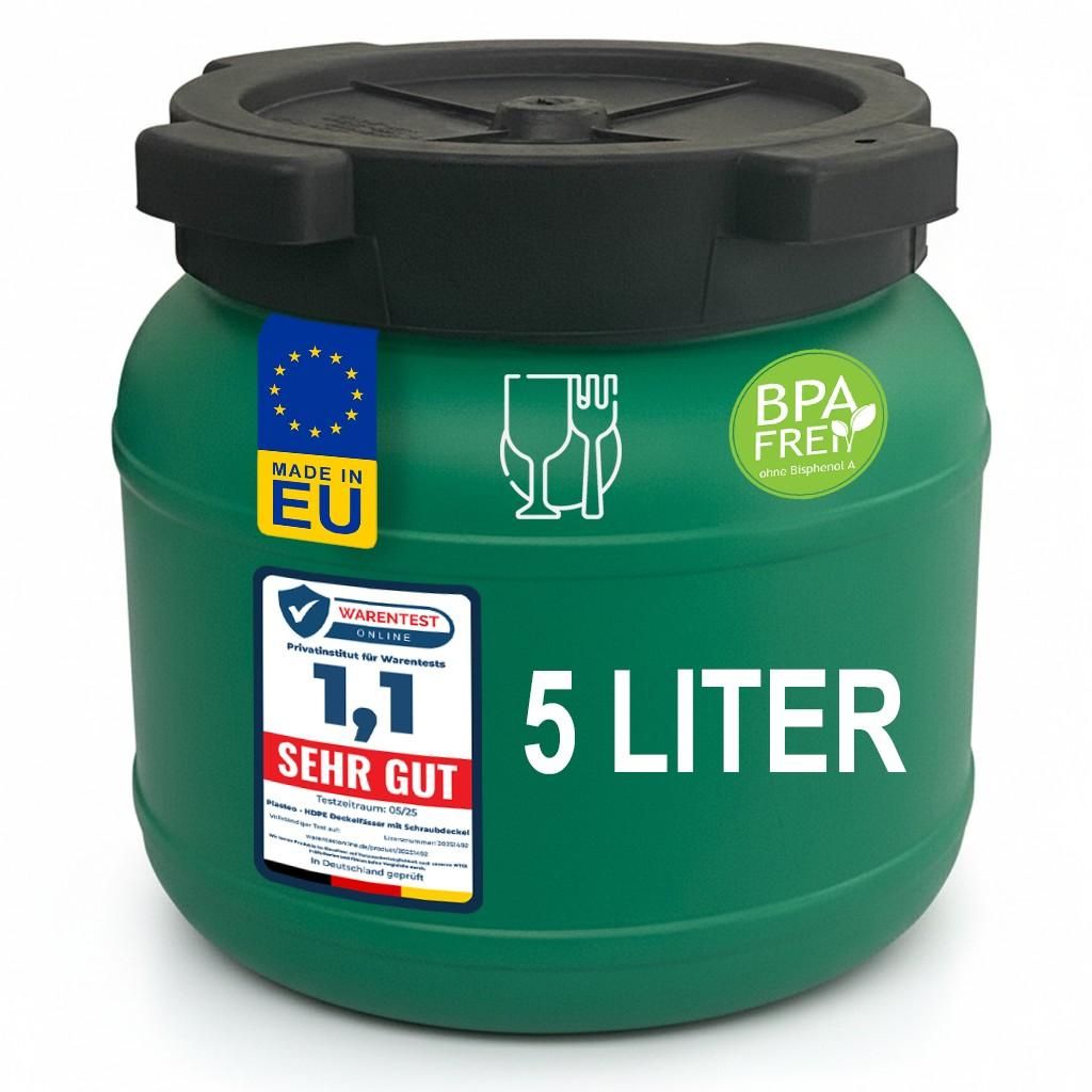 plasteo Weithalsfass 5 L Deckelfass lebensmittelecht – stabiles HDPE Universalfass mit Schraubverschluss, für Futter, Lagerung und Transport, grün