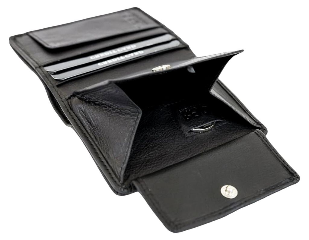 Extra flache Minibörse im Hochformat, dünnes Portemonnaie mit RFID-Schutz, Blockfolie mit Geschenkbox aus Echtleder, schwarz