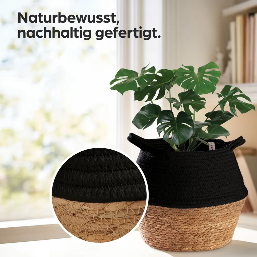 Grand Panier de Fleurs en Jonc de Mer et Coton Noir - Style Durable XL