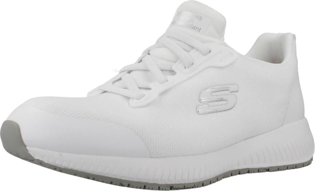 A white Skechers sneaker is shown from a side-angle against a white background.