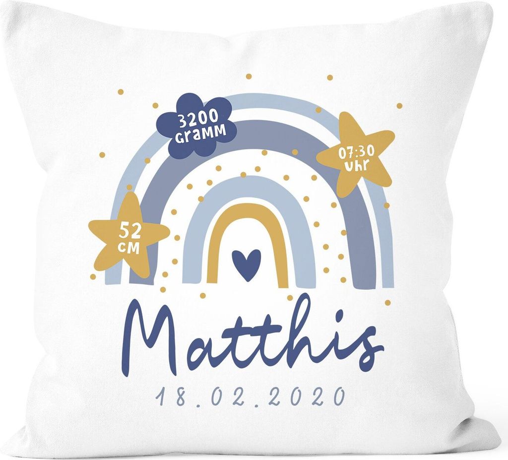 personalisierbarer Kissen-Bezug zur Geburt Geburtskissen Regenbogen Herzen Geschenk Geburt Baby SpecialMe Jungen weiß 40cm x 40cm