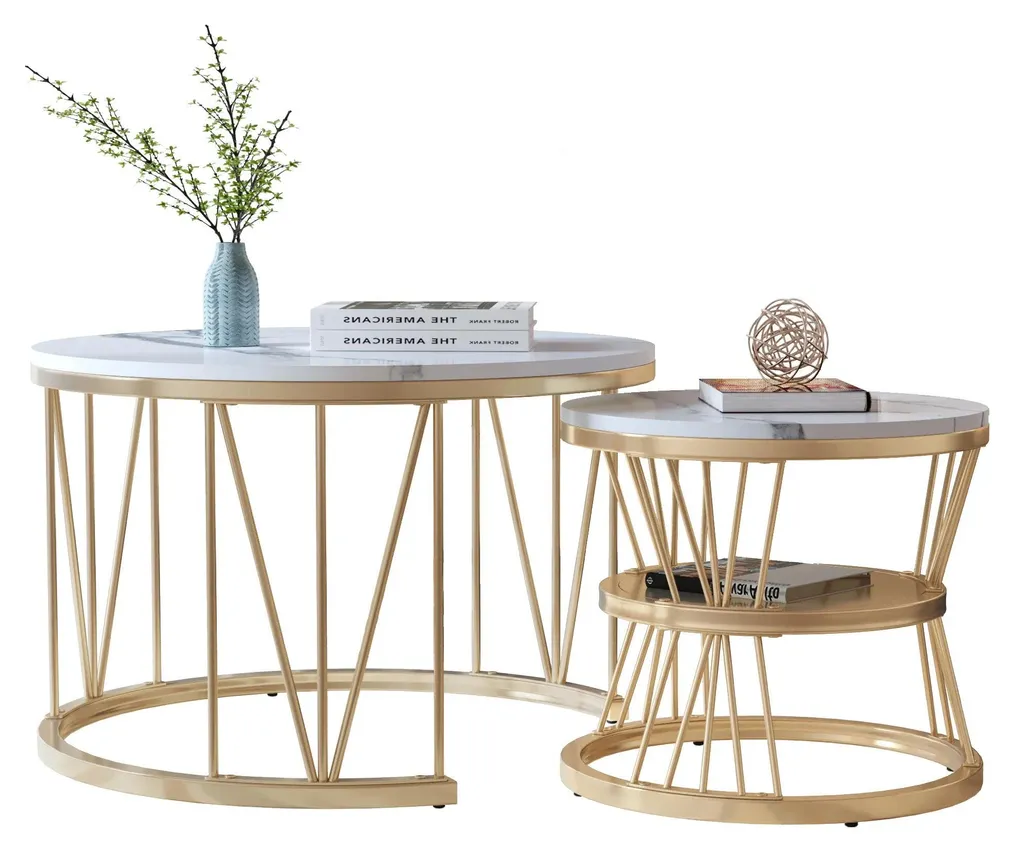 Table basse ronde moderne gigogne blanche et or Modèle LUNA - Lot de 2