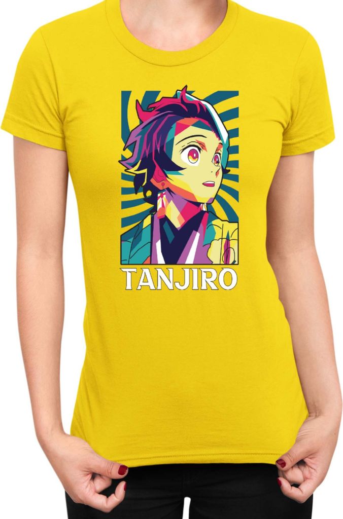 Damen T-Shirt Demon Anime Slayer Kimetsu No Yaiba Tanjiro Kamado 012, Lady XS / Gelb