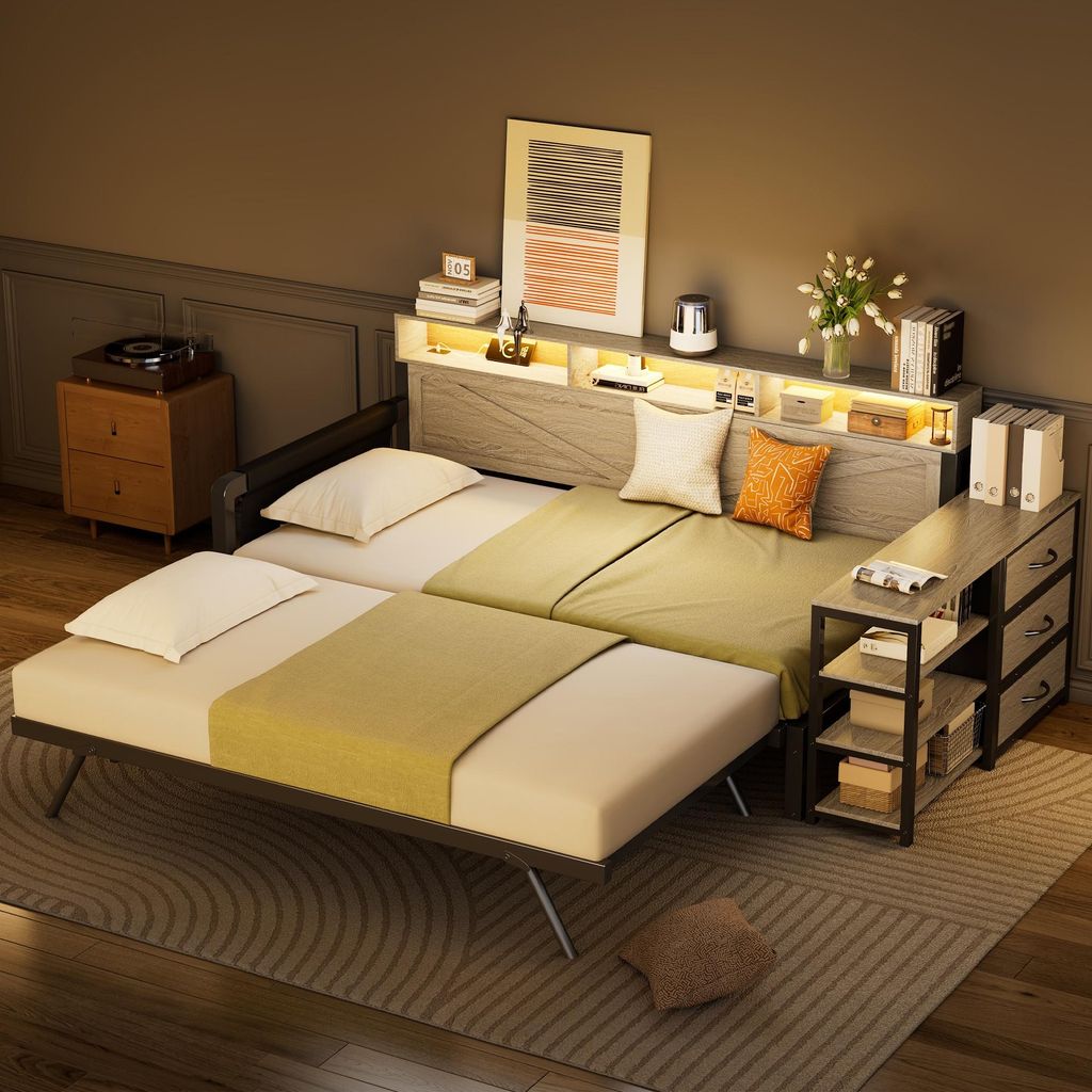 Merax Tagesbett 90x200 cm, Schlafsofa mit Verstellbarem Ausziehbett, LED-Beleuchtung, 3 Schublade & USB-Anschluss, Daybett, Holz Kinderbett, Schwarz