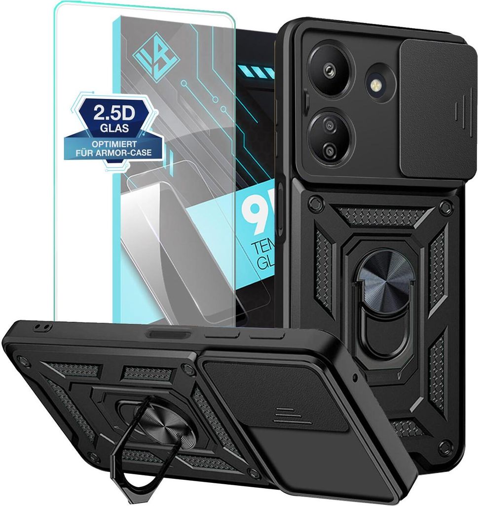 Armor Handyhülle für Xiaomi Redmi 13C mit 9H Displayglas Displayschutz Kameraschutz Handy Panzer Case Cover Schutzhülle Outdoor Farbe: Schwarz
