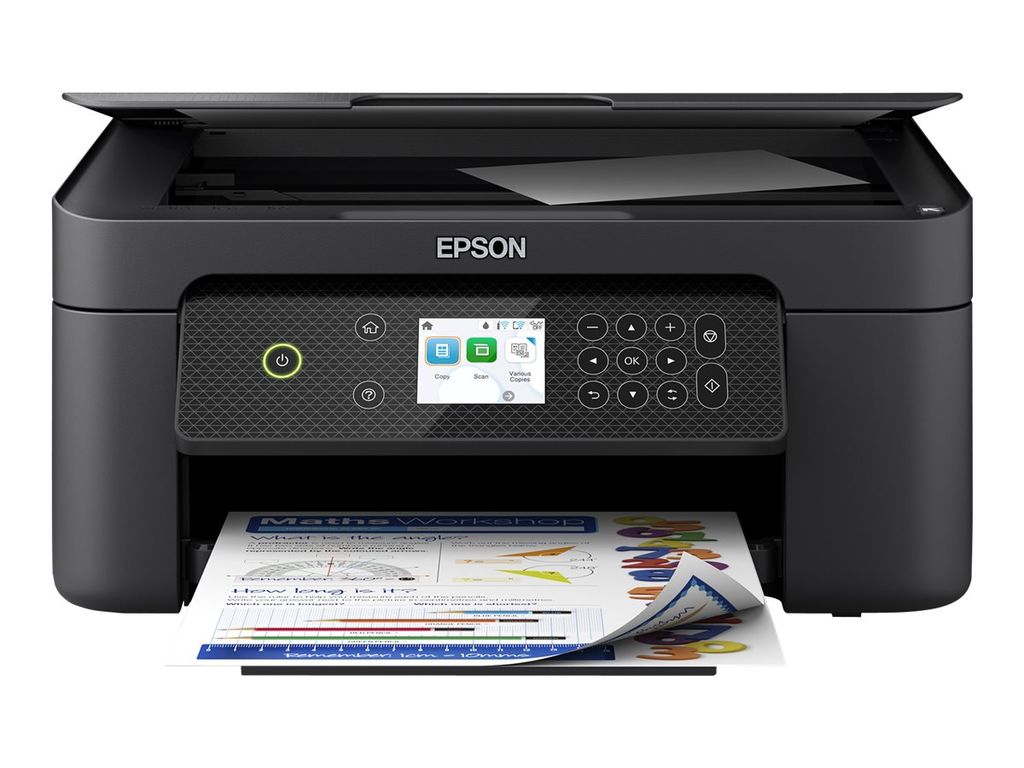 A black Epson Expression Home XP-4200 3-in-1 Tinten-Multi WiFi printer is shown from the front, with a sheet of paper partially printed with a math worksheet coming out of the paper tray.