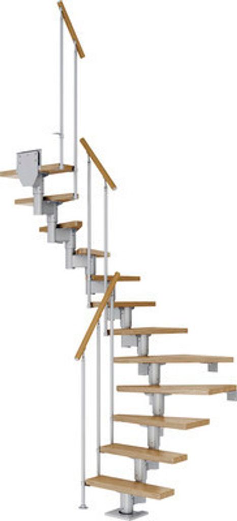 Pertura Mittelholmtreppe Spiros Eiche Leimholz Perlgrau 1/2-gewendelt 75 cm 12 Stufen / 13 Steigungen Stabgeländer Grau