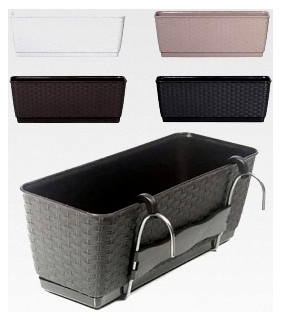 Blumenkasten Geländerkasten Balkonkasten mit Aufhängung Hängetopf Blumentopf 10L Rattan-Optik 59cm Untersetzer Bewässerung (Anthrazit)